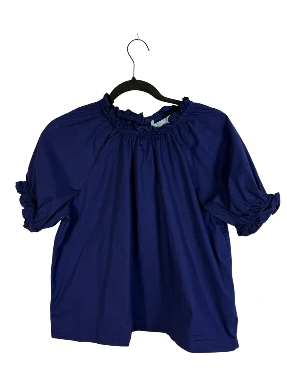 Hill House The Kit Short Sleeve Navy Blue Puff Sleeve Ruffled Blouse Sz Large